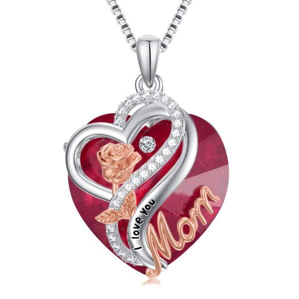 Sterling Silver Heart Crystal Pendant Necklace with July Birthstone for Mom-0