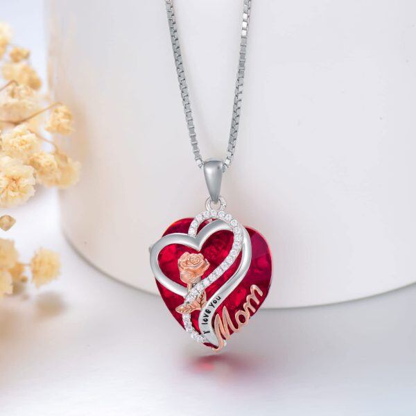 Sterling Silver Heart Crystal Pendant Necklace with July Birthstone for Mom-3