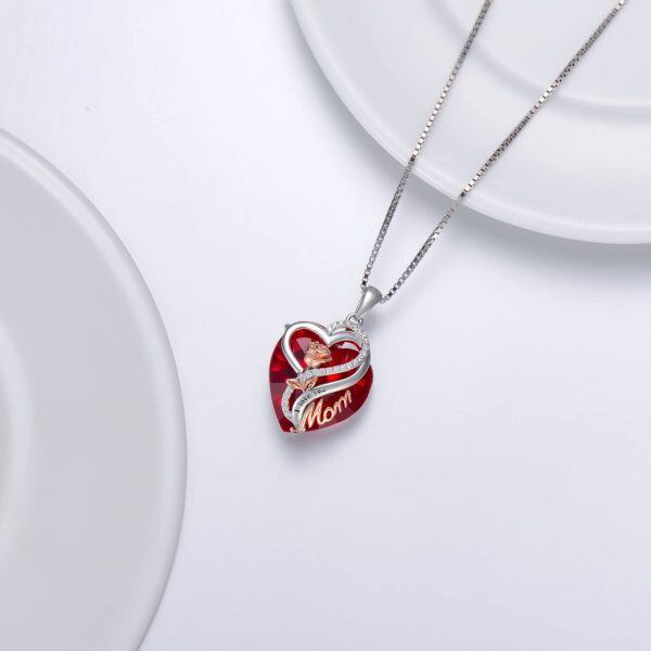 Sterling Silver Heart Crystal Pendant Necklace with July Birthstone for Mom-4