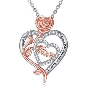 Sterling Silver Rose Flower Heart Pendant Necklace for Mom-0