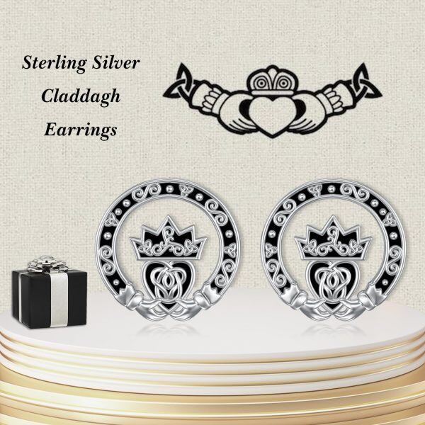 Sterling Silver Claddagh Celtic Stud Earrings-5