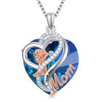 wholesale 925 Sterling Silver Blue Crystal Heart Rose I Love You Pendant Necklaces for Women- Rhodium And Rose Gold Plated
