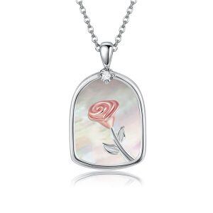 Sterling Silver White Shell Rose Flower Pendant Necklace-0