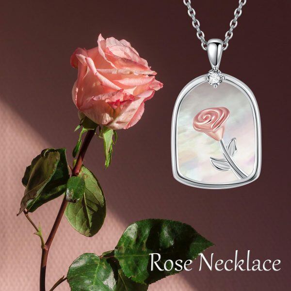 Sterling Silver White Shell Rose Flower Pendant Necklace-5