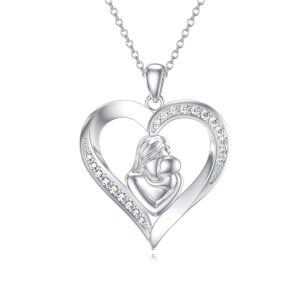 Sterling Silver Natural Diamond Pendant Necklace for Mom-0