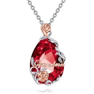 Sterling Silver Teardrop Red Crystal Pendant Necklace for Grandma-0