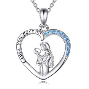 Sterling Silver Blue CZ Heart Pendant Necklace for Mom-0