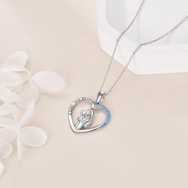 Sterling Silver Blue CZ Heart Pendant Necklace for Mom-3