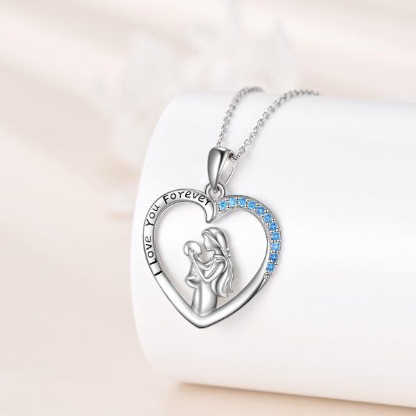 Sterling Silver Blue CZ Heart Pendant Necklace for Mom-4