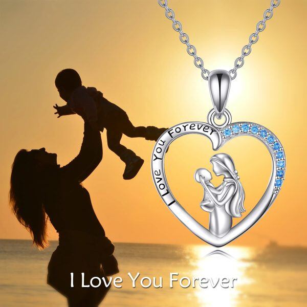 Sterling Silver Blue CZ Heart Pendant Necklace for Mom-5