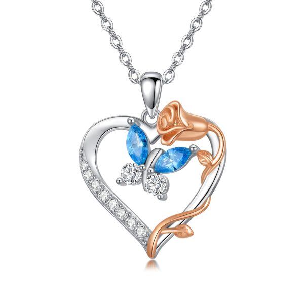 Sterling Silver Butterfly Rose Flower Heart Pendant Necklace-0