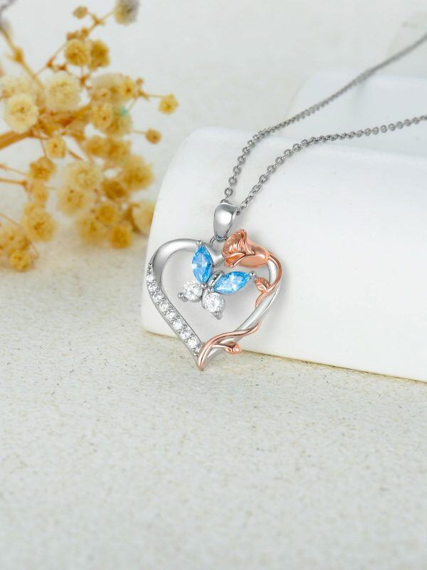 Sterling Silver Butterfly Rose Flower Heart Pendant Necklace-2