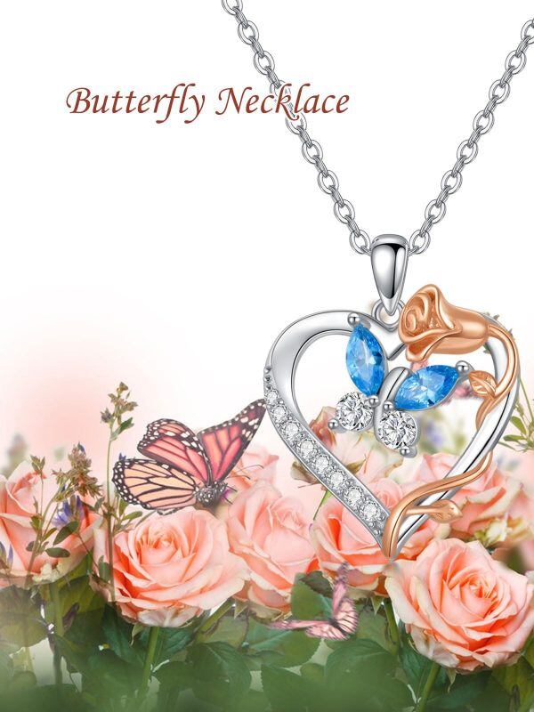 Sterling Silver Butterfly Rose Flower Heart Pendant Necklace-4