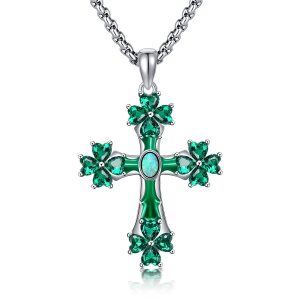 Sterling Silver Four Leaf Clover Cross Pendant Necklace with Stainless Steel Chain-0