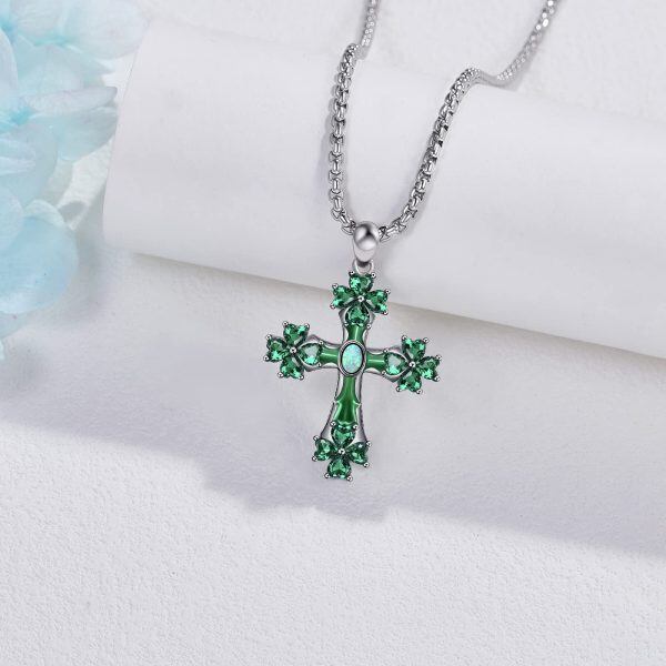 Sterling Silver Four Leaf Clover Cross Pendant Necklace with Stainless Steel Chain-3