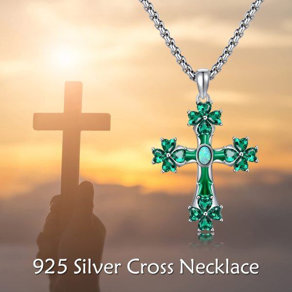 Sterling Silver Four Leaf Clover Cross Pendant Necklace with Stainless Steel Chain-5