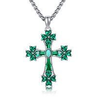 wholesale 925 Sterling Silver Green Opal & Emerald CZ 4-Leaf Clover Cross Necklace- Rhodium Plated