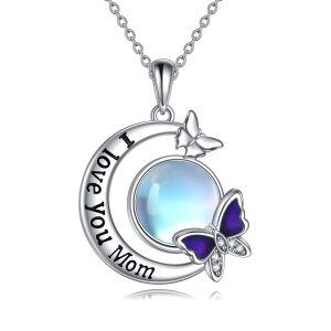 Sterling Silver Moon Butterfly Pendant Necklace with Moonstone for Mom-0