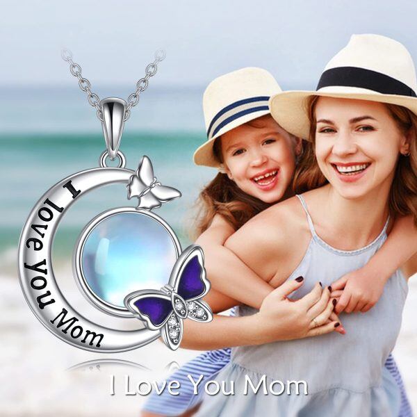 Sterling Silver Moon Butterfly Pendant Necklace with Moonstone for Mom-5