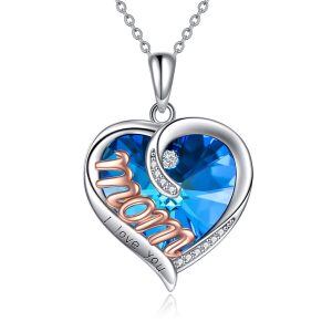 Sterling Silver Blue Heart Crystal Pendant Necklace for Mom-0