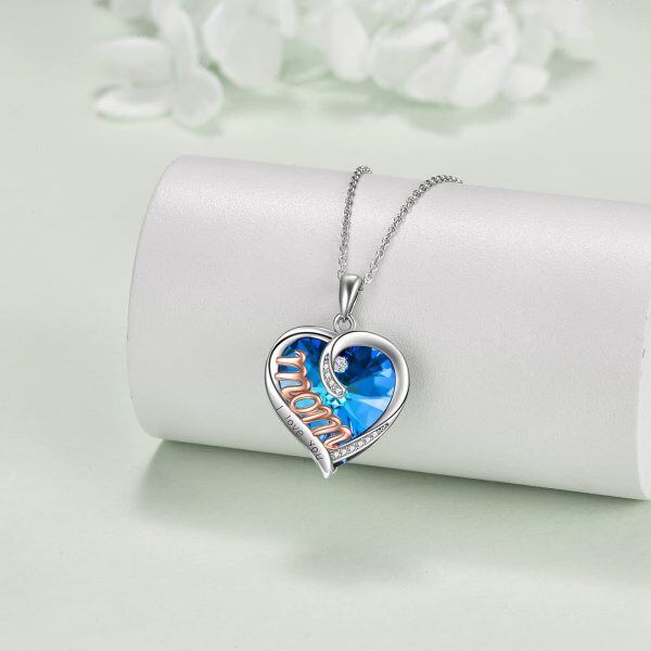 Sterling Silver Blue Heart Crystal Pendant Necklace for Mom-4