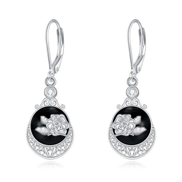 Sterling Silver Black Onyx Rose Flower Dangle Earrings-0