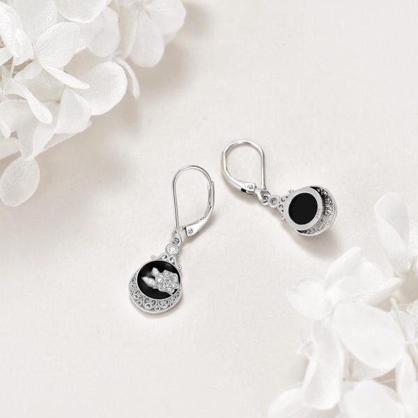 Sterling Silver Black Onyx Rose Flower Dangle Earrings-3