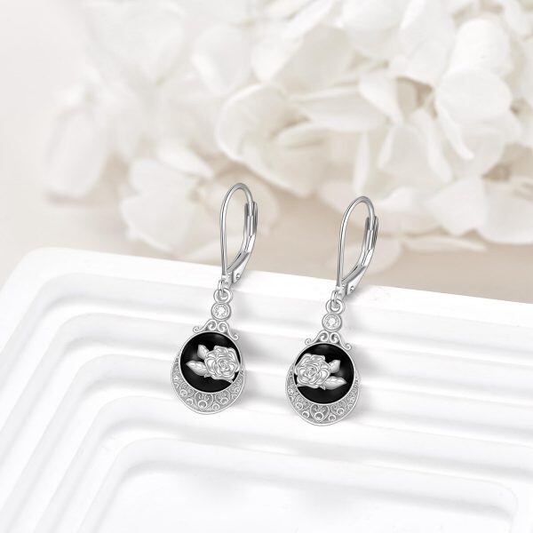 Sterling Silver Black Onyx Rose Flower Dangle Earrings-4