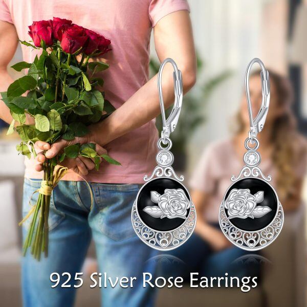 Sterling Silver Black Onyx Rose Flower Dangle Earrings-5