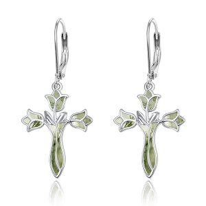 Sterling Silver Moss Agate Rose Flower Cross Dangle Earrings-0