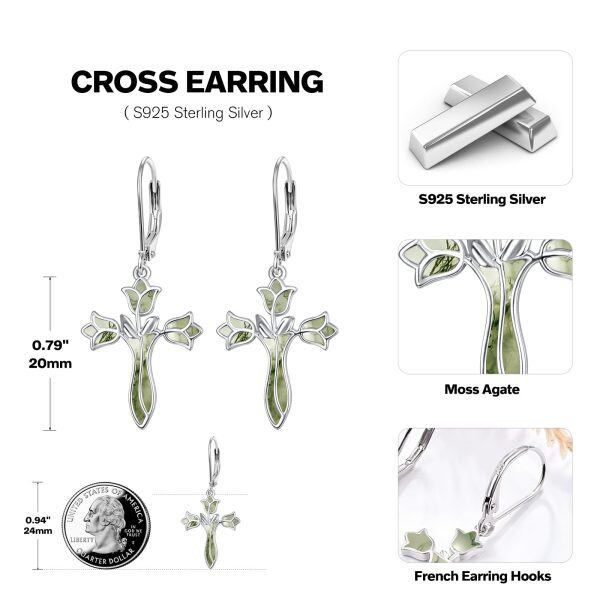 Sterling Silver Moss Agate Rose Flower Cross Dangle Earrings-1