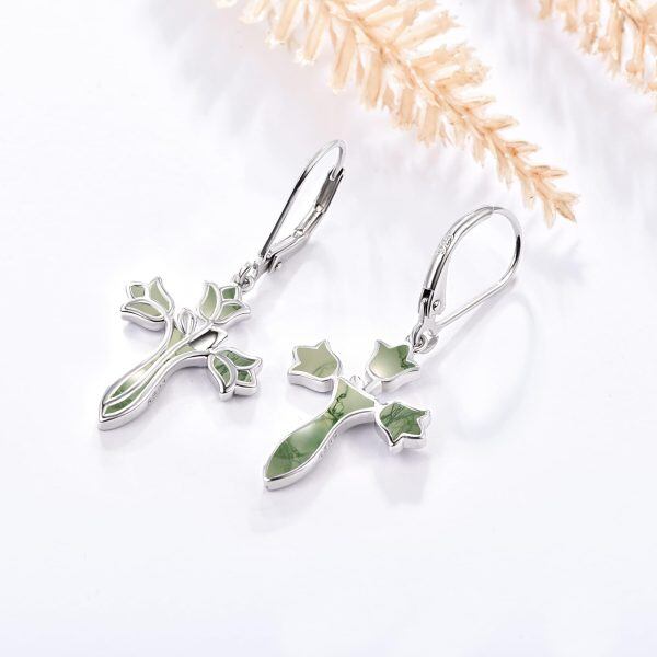 Sterling Silver Moss Agate Rose Flower Cross Dangle Earrings-4