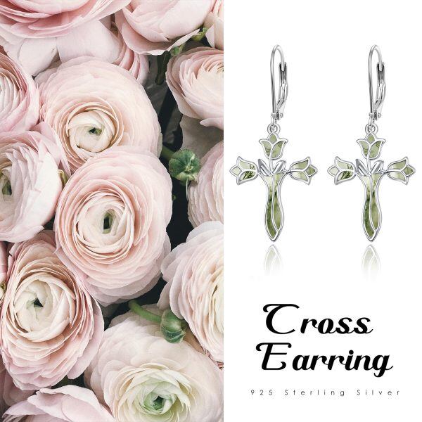 Sterling Silver Moss Agate Rose Flower Cross Dangle Earrings-6