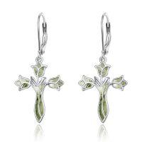 wholesale 925 Sterling Silver Peridot Flower Cross Drop Earrings with Leverback Closure - Faith Jewelry- Rhodium Plated