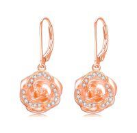 wholesale Rose Gold Plated 925 Sterling Silver Crystal Rose Leverback Dangle Drop Earrings for Women- Rose Gold Plated
