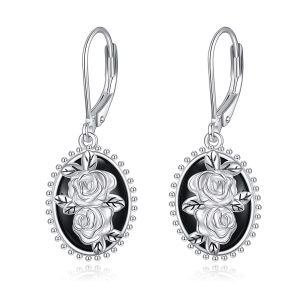 Sterling Silver Black Oval Three-dimensional Rose Flower Dangle Earrings-0