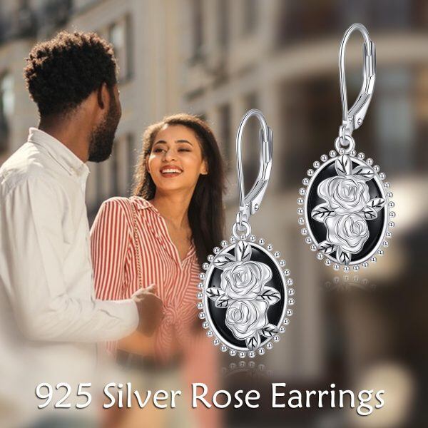 Sterling Silver Black Oval Three-dimensional Rose Flower Dangle Earrings-5