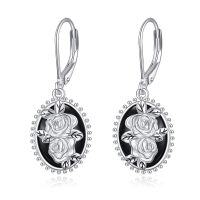wholesale 925 Sterling Silver Black Onyx Nordic Filigree Rose Drop Leverback Earrings- Rhodium Plated