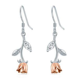 Sterling Silver Rose Flower Dangle Earrings with Shining CZ-0