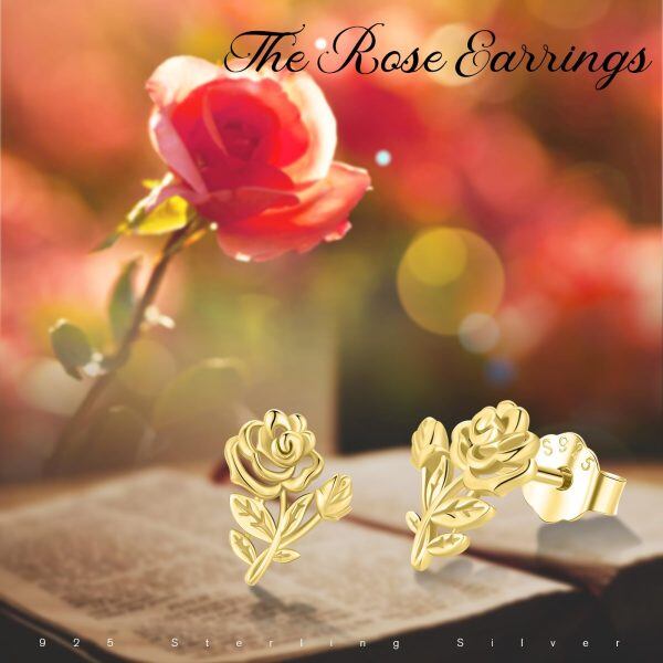 Sterling Silver Hollow Gold Plated Rose Flower Stud Earrings-5