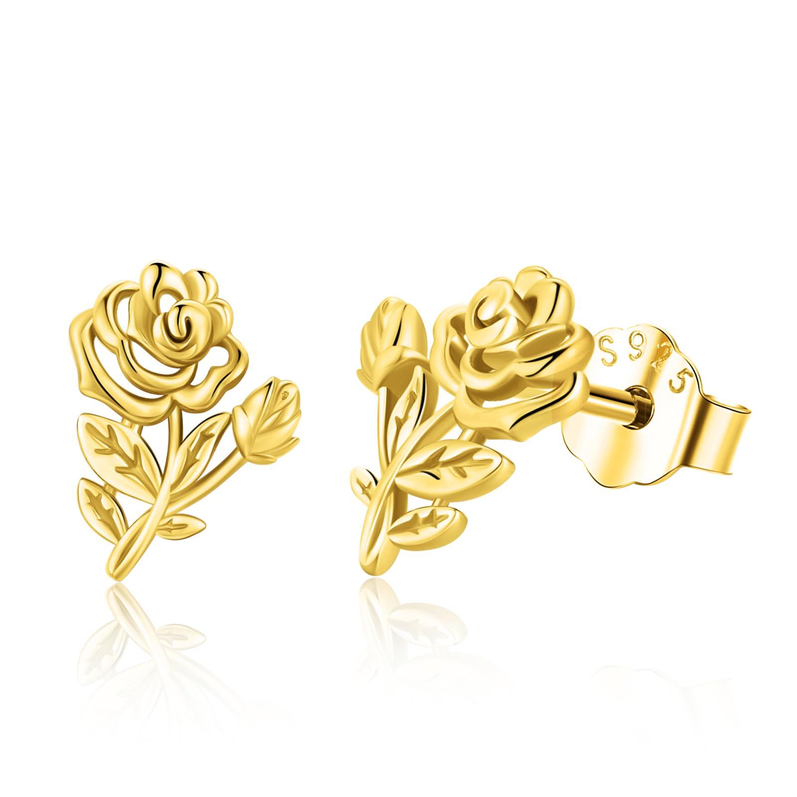 14K Gold Plated Sterling Silver No Gemstone Rose Earring Studs Elegant Flower Jewelry Gift for Women Girls - Gold Plated- Gold Plated