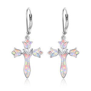 Sterling Silver Pink Opal Rose Flower Cross Dangle Earrings-0