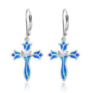 Sterling Silver Blue Opal Rose Flower Cross Dangle Earrings-0