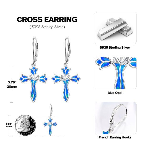 Sterling Silver Blue Opal Rose Flower Cross Dangle Earrings-1