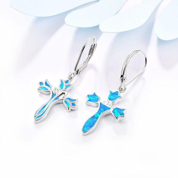 Sterling Silver Blue Opal Rose Flower Cross Dangle Earrings-4