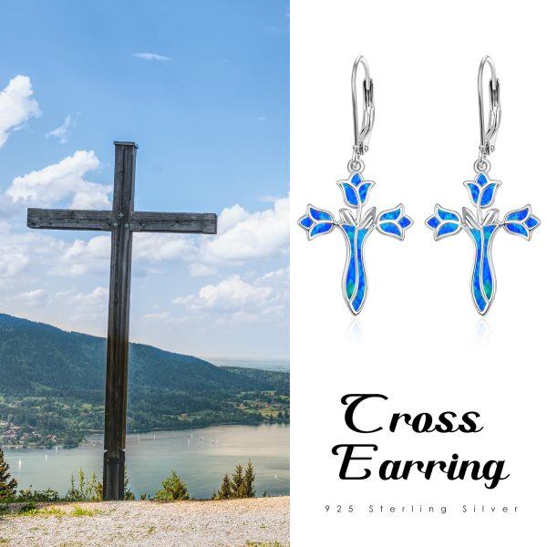 Sterling Silver Blue Opal Rose Flower Cross Dangle Earrings-6