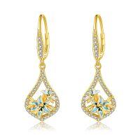 wholesale 925 Sterling Silver Plated Gold  Blue Crystal Lily Drop Earrings Leverback  for Her- Gold Plated