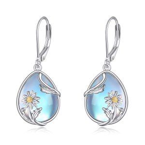 Sterling Silver Moonstone Daisy Flower Dangle Earrings-0