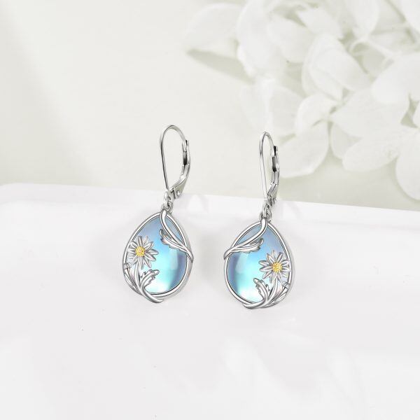 Sterling Silver Moonstone Daisy Flower Dangle Earrings-3