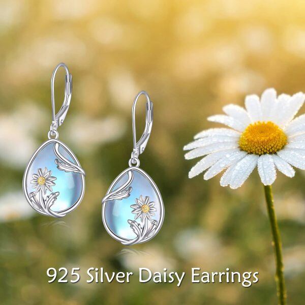 Sterling Silver Moonstone Daisy Flower Dangle Earrings-5